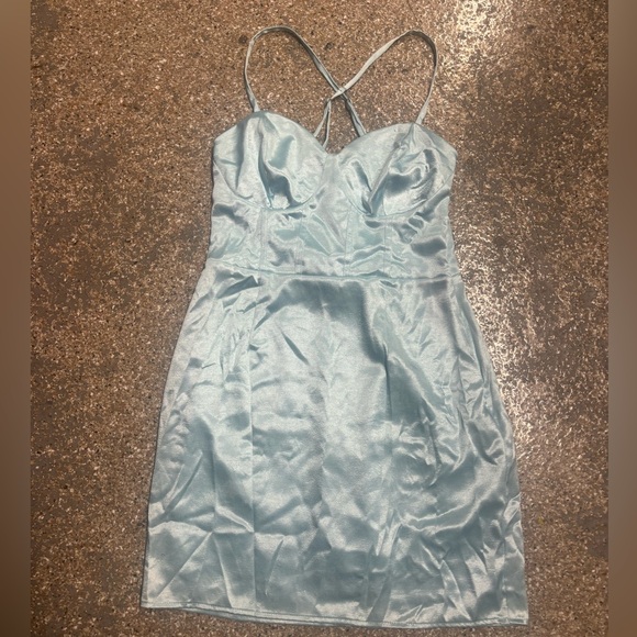 Wild Fable Light Blue Silky Mini Dress with Lace Up Back - Picture 2 of 8